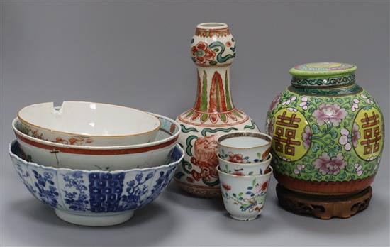 An 18th century Chinese famille rose cup and other Chinese porcelain tallest 40cm sq.